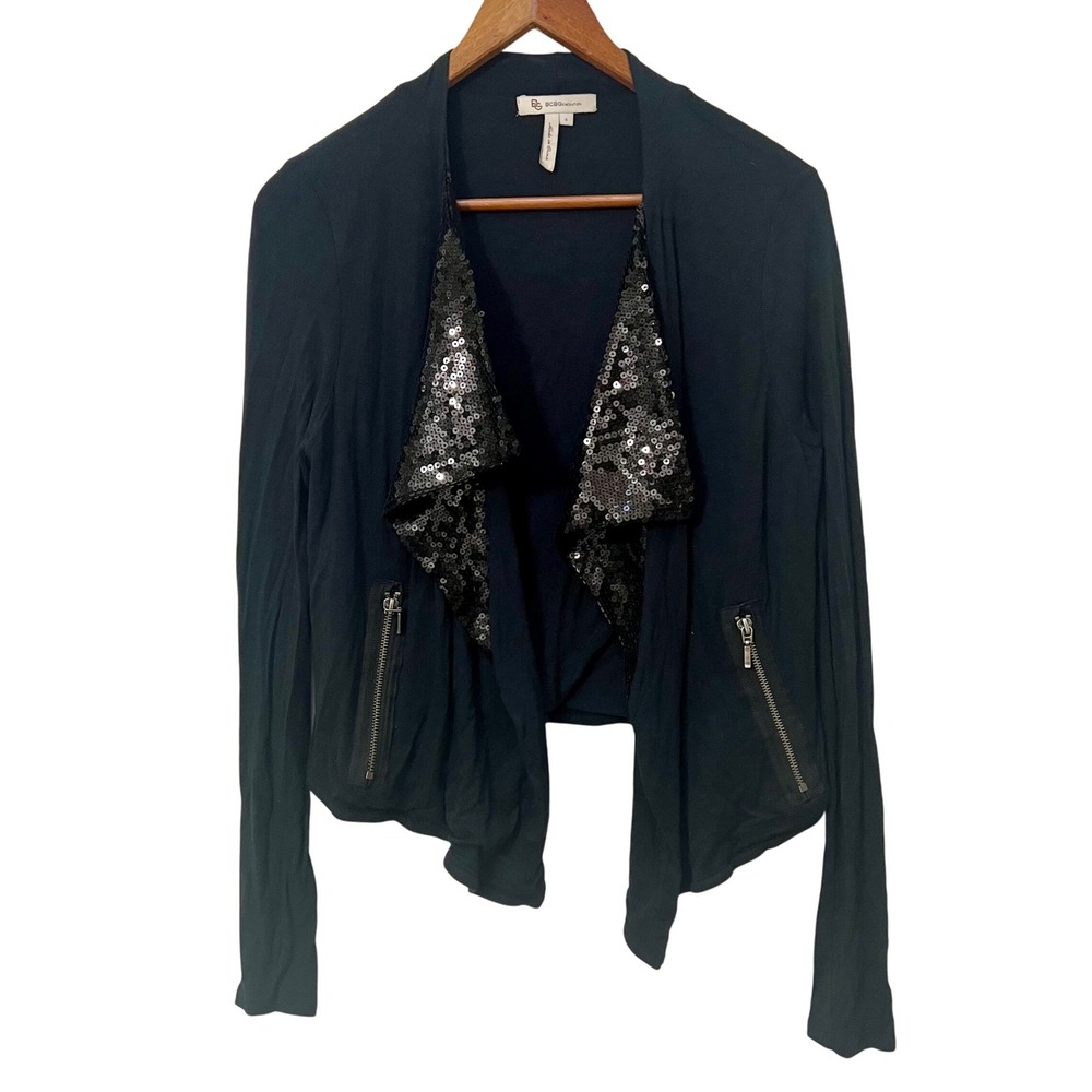 BCBGMAXAZRIA Womens Black Waterfall Sequin Front Drape‎ Cardigan Jacket S